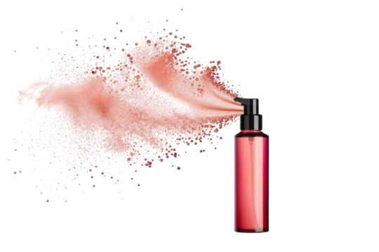 A vibrant pink mist bursts from a stylish spray bottle, perfect for enhancing beauty routines