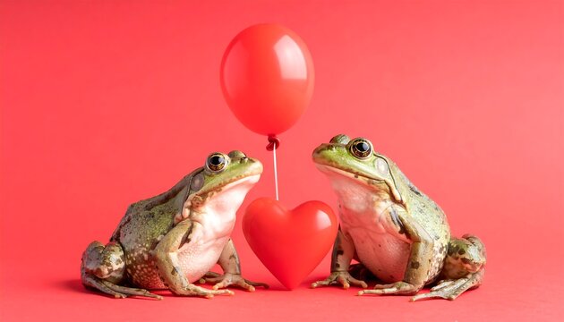 Two green frogs facing each other, a red heart and a red balloon in between