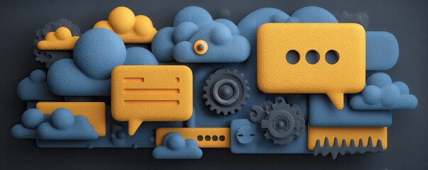 Creative 3D abstract design featuring communication chat symbols and digital clouds