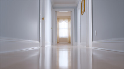 Fototapeta premium Bright minimalist hallway with sunlight shining through doorway, concept of modern architecture and clean interior design.