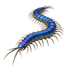 A detailed 3D render of a metallic centipede with iridescent blue segments and golden legs crawling across a transparent background symbolizing