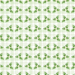 Seamless pattern with watercolor green leaves and white berries of mistletoe on green plaid background. Perfect for Christmas, winter decor, textile, fabric, wrapping paper design, festive decorations