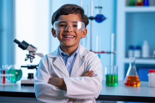 Young boy in lab coat with safety glasses smiling in a laboratory with scientific equipment
