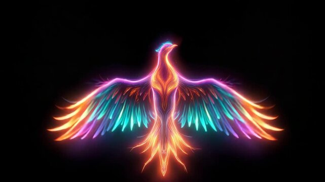 Colorful phoenix rises against dark background in stunning display
