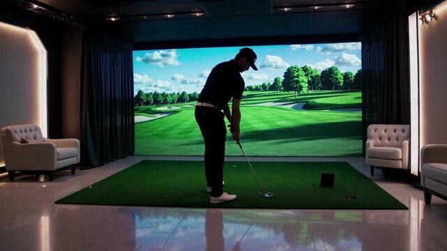 A golfer prepares to swing in a modern indoor setup with a large video screen. Shot from a low angle, the scene is sleek and immersive.