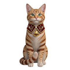 Adorable ginger tabby cat with striking green eyes wearing a festive red and gold patterned collar adorned with sparkling jewels and a large golden