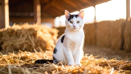 White and black cat in a barn