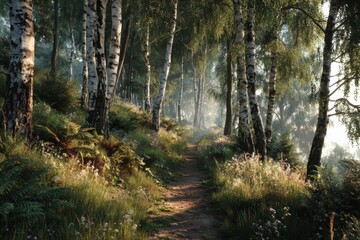 Fototapeta premium Path winds through a birch tree forest with sunlight filtering through the leaves in a serene summer morning
