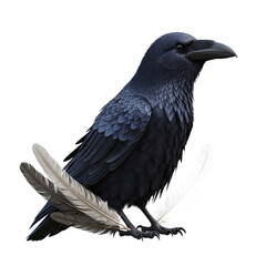 Detailed Realistic 3D Render of a Majestic Black Raven Perched Amidst Delicate Feathers Against a Transparent Background Ideal for Fantasy Art and