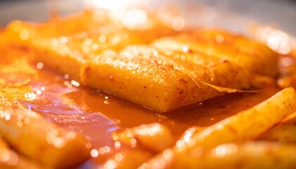 Close-up view of delicious, spicy Korean tteokbokki, featuring chewy rice cakes coated in a vibrant red sauce, served in a shallow dish.