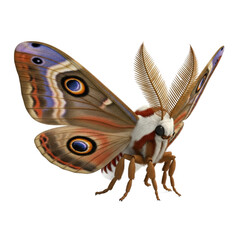 Detailed Realistic Illustration of a Cecropia Moth with Intricate Wing Patterns and Feathery Antennae Displayed on a Transparent Background Ideal for