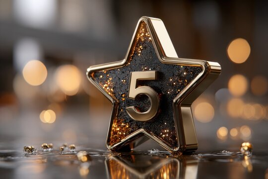 Golden star trophy with number five displayed for an anniversary or a business achievement with bokeh background for added elegance
