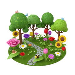 Enchanting miniature garden landscape featuring a winding stone pathway amidst lush green grass surrounded by vibrant blooming flowers including