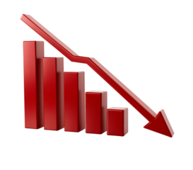 Red arrow graph showing decline isolated on a transparent background