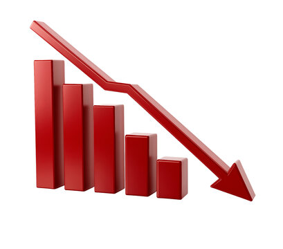 Red arrow graph showing decline isolated on a transparent background