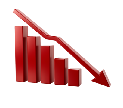 Red arrow graph showing decline isolated on a transparent background