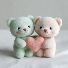 Adorable mint green and blush teddy bears holding a heart symbol together