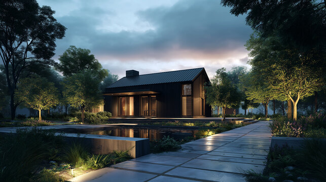 Serene log cabin retreat nestled amidst lush greenery and tranquil water at dusk
