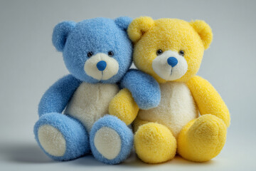 Obraz premium Adorable blue and yellow teddy bears holding paws minimalist cute companions