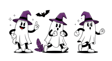 Retro Cartoon Ghosts Wearing Witch Hats for Halloween