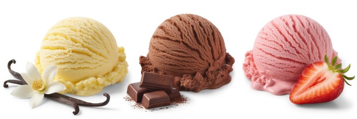 Three scoops of ice cream with vanilla chocolate and strawberry flavors on a white background close up view