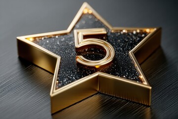 Golden star trophy with number five displayed for an anniversary or a business achievement with bokeh background for added elegance