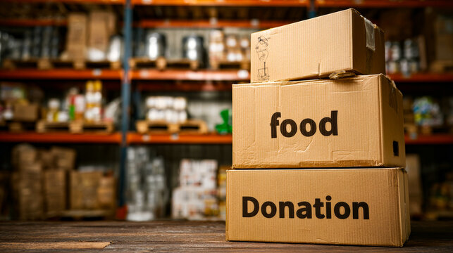 A stack of cardboard boxes with the inscription Food donation in front of warehouse shelves.