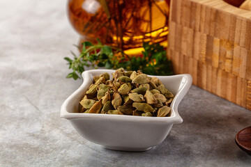 Green dry cardamom heap spices aroma