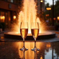 Two wine glasses with sparkling champagne fountain in the background for lovers