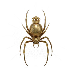 Majestic Golden Spider Adorned with a Textured Crown Resting Upon an Intricate White Web with a Transparent Background Demonstrating a Symbol of