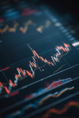 A detailed view of stock market data with graphs displaying price fluctuations and trading volumes on a digital display.