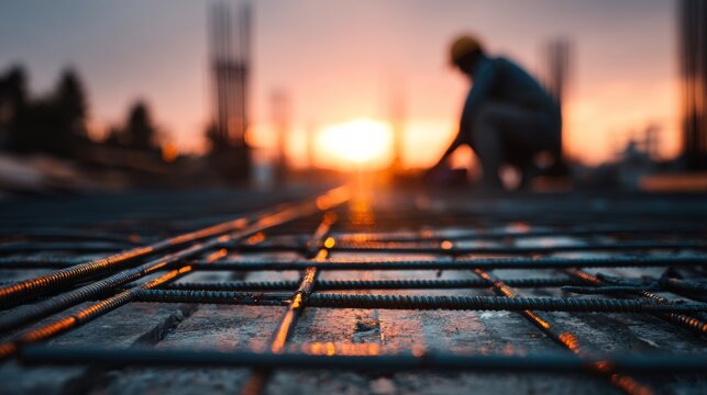 A construction worker works on a steel rebar mesh against a sunset backdrop.