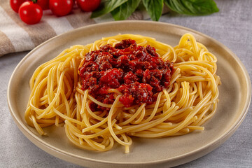 Italian pasta spaghetti bolognese with minced beef meat and tomato sauce