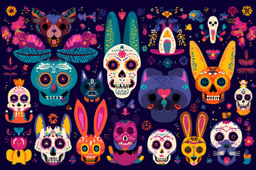 Vibrant celebration of life with decorative skulls and animal motifs, blending tradition and artistic flair in a colorful display.
