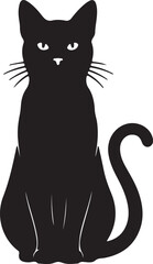 Silhouette of a black cat sitting upright with a curled tail and alert ears on a white background animal white background and transparent background