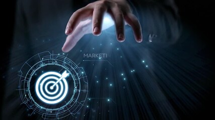 A business professional hand reaches out to engage with a futuristic digital interface, illustrating concepts of marketing strategy and target achievement in a modern setting. Qubit - Powered by Adobe