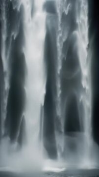 Colossal pure white water streams cascade dynamically against a matte black studio cyclorama. Intricate textures, droplets, mist, and foam glow under dramatic chiaroscuro lighting, emphasizing