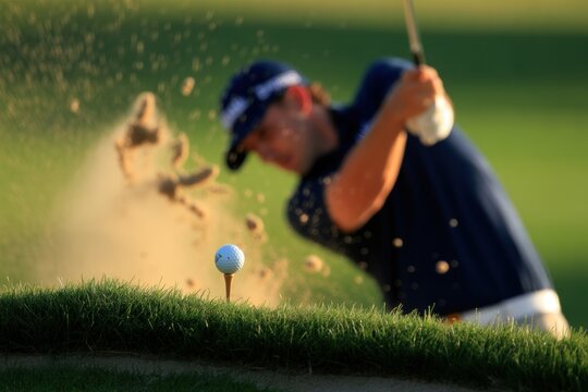 A golfer swinging a club with a ball on a tee and sand flying in the air during the golf swing