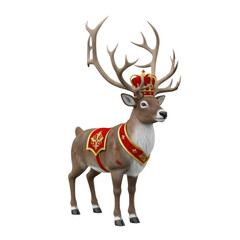 Majestic Reindeer King adorned with a Royal Red and Gold Crown and a Decorative Red and Gold Royal Cape Standing Proudly Against a Transparent