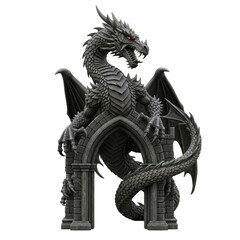 Majestic Stone Dragon Sculpture Guarding Ancient Gothic Archway with Glowing Red Eyes Detailed Fantasy Creature Statue on Transparent Background