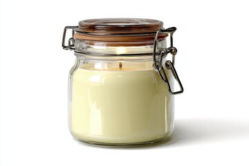 A glass jar candle with a closed lid. The candle has a light yellow wax inside the jar and is lit