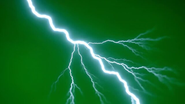 Dramatic branching lightning bolt on a vast green screen background with deep focus, pre-keyed VFX dramatic element, electric, thunder