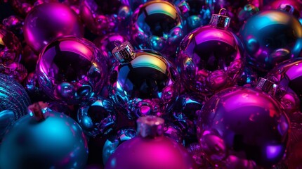 Holidays background with vibrant colorful Christmas ornaments, shiny glass baubles in neon purple blue and pink tones, festive decorative composition with reflections and modern holiday mood