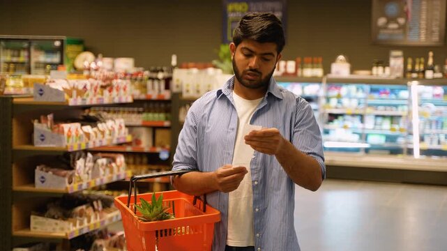 Shocked man checking receipt at grocery store