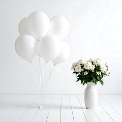 White balloons and flowers in a simple setting