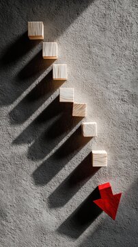 A striking image of wooden blocks ascending a textured surface, culminating in a bold red arrow pointing downwards, symbolizing decline or change in a creative visual metaphor.