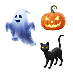 Spooky Halloween trio featuring a translucent blue ghost with glowing eyes a cheerful jack-o-lantern with a carved face and emanating warm light and