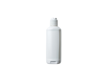 Minimalist design featuring a blank white bottle on a smooth light background
