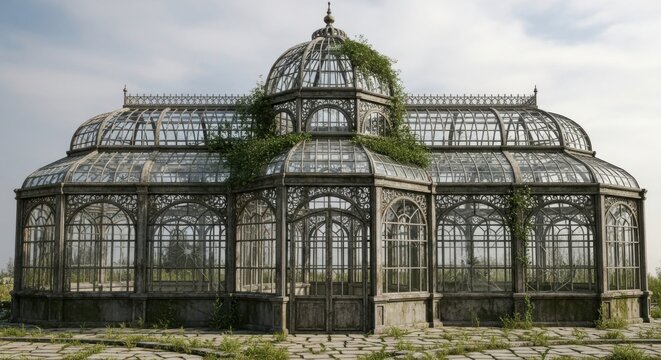 Ornate victorian greenhouse with overgrown vines and weathered glass panes - Powered by Adobe