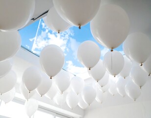 White balloons fill a room with a skylight